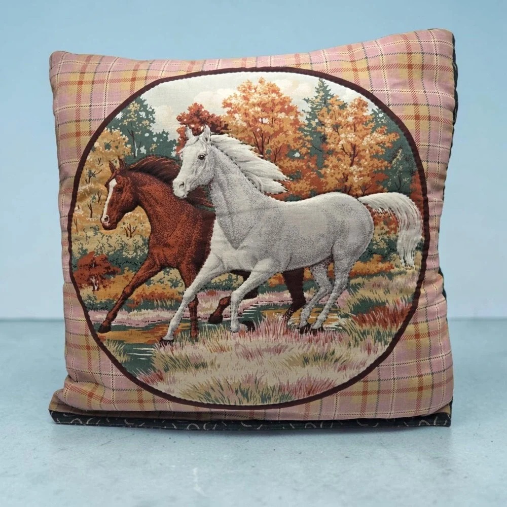 Vintage Handmade Coverlet Throw Pillow Running Horses 15
